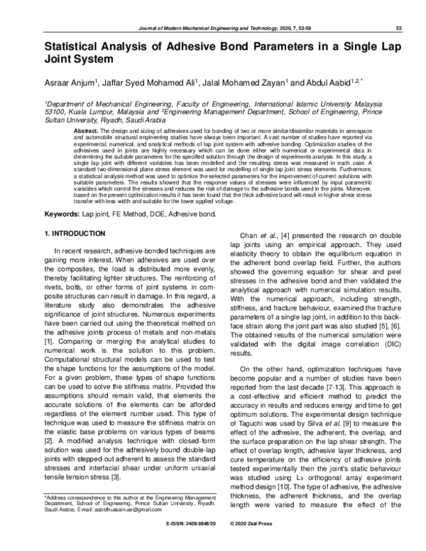 (PDF) Statistical Analysis of Adhesive Bond Parameters in a Single Lap ...