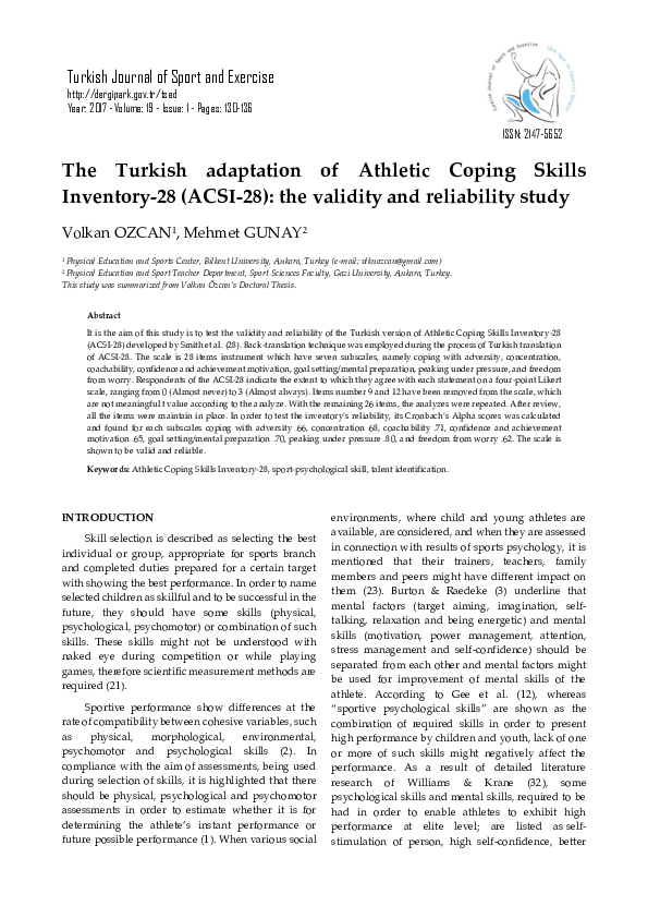 (PDF) The Turkish Adaptation of Athletic Coping Skills Inventory-28 ...