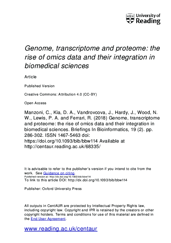 (PDF) Genome, transcriptome and proteome: the rise of omics data and ...