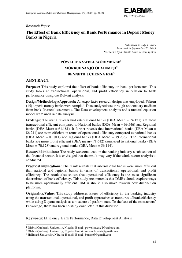 (PDF) The effect of bank efficiency on bank performance in deposit ...
