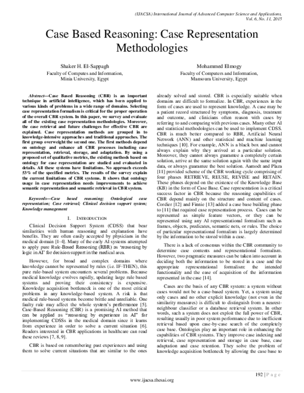 (PDF) Case Based Reasoning: Case Representation Methodologies
