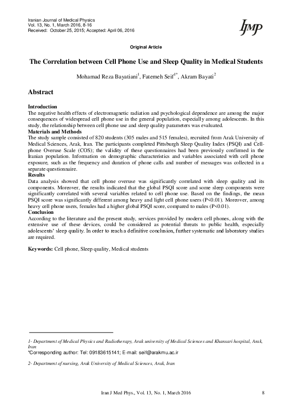 (PDF) The Correlation between Cell Phone Use and Sleep Quality in ...