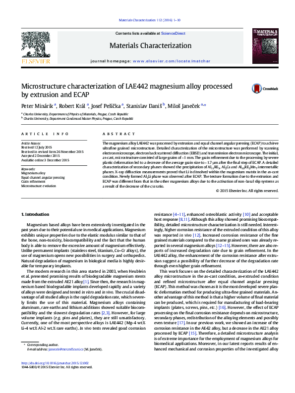 (PDF) Microstructure characterization of LAE442 magnesium alloy ...