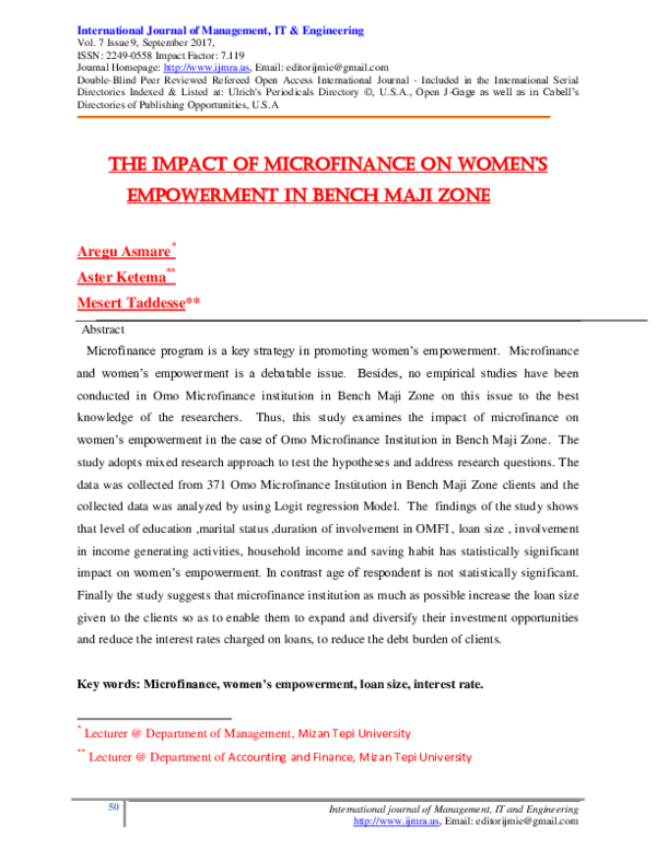 (PDF) the Impact of mIcrofInance on Women’s Empowerment in Bench Maji Zone