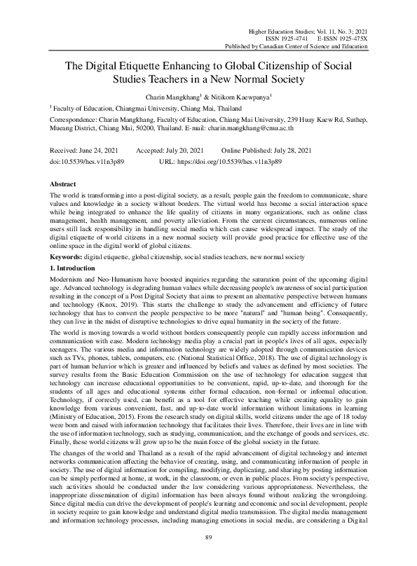 (PDF) The Digital Etiquette Enhancing to Global Citizenship of Social