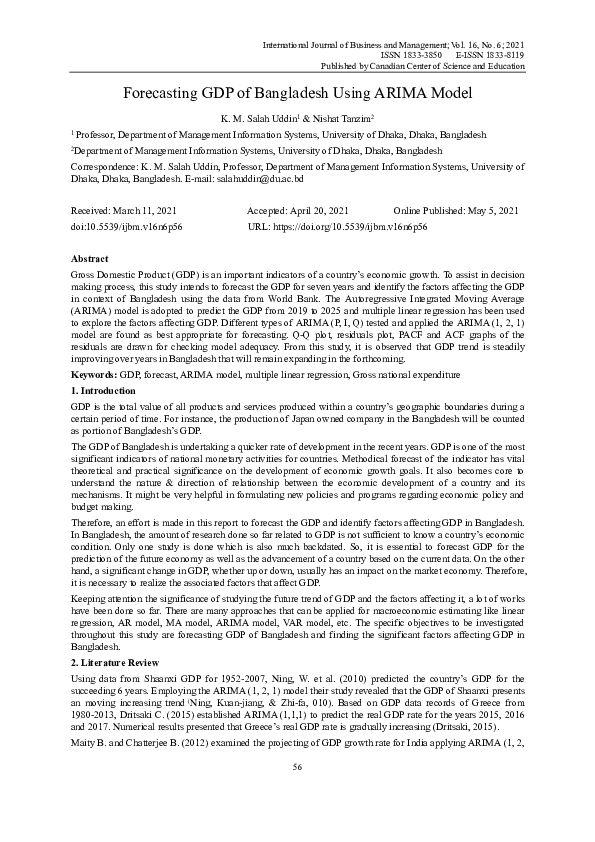 (PDF) Forecasting GDP of Bangladesh Using ARIMA Model