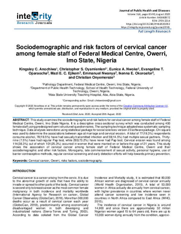 (PDF) Sociodemographic and risk factors of cervical cancer among female ...