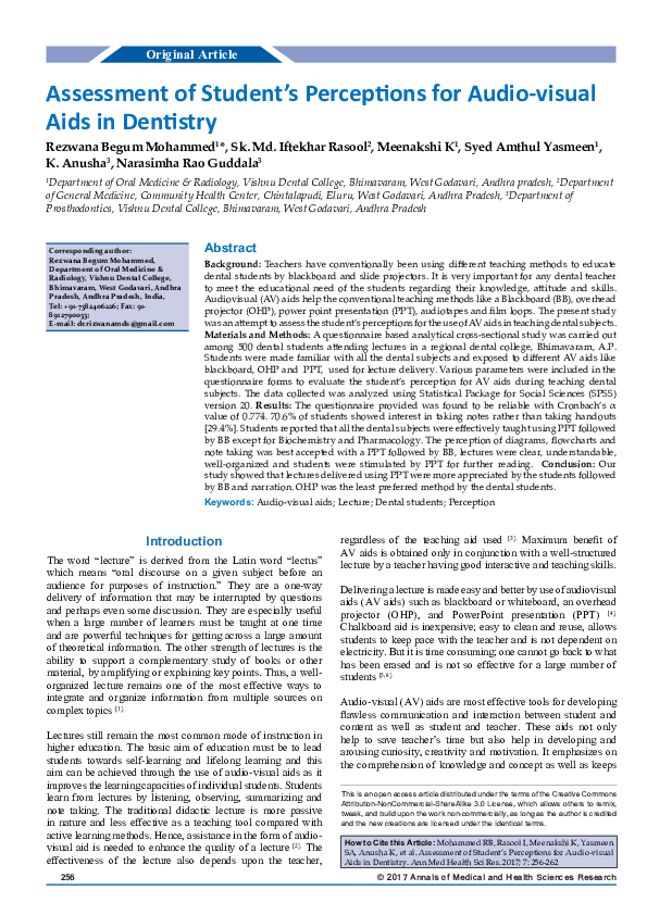 (PDF) Assessment of Studentâs Perceptions for Audio-visual Aids in ...