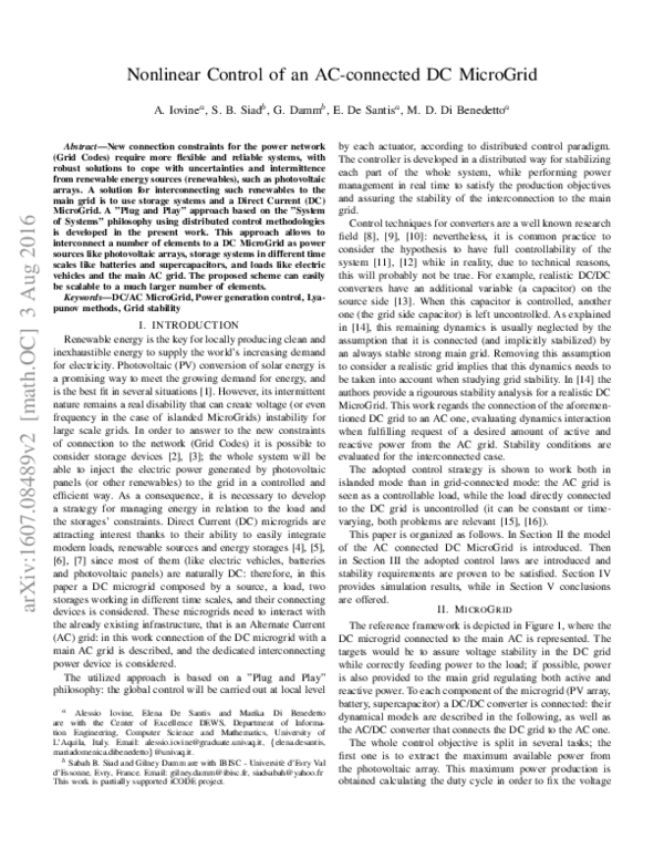 (PDF) Nonlinear control of an AC-connected DC MicroGrid