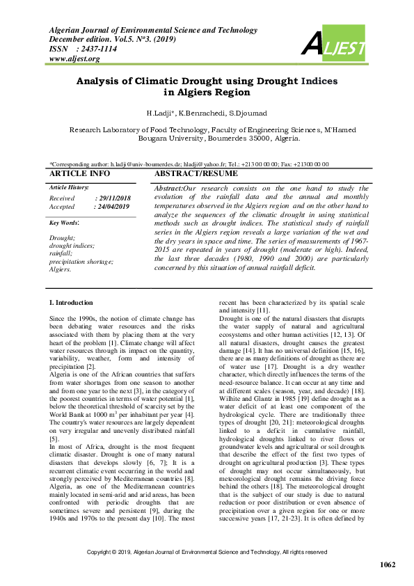 (PDF) Analysis of Climatic Drought using Drought Indices in Algiers Region