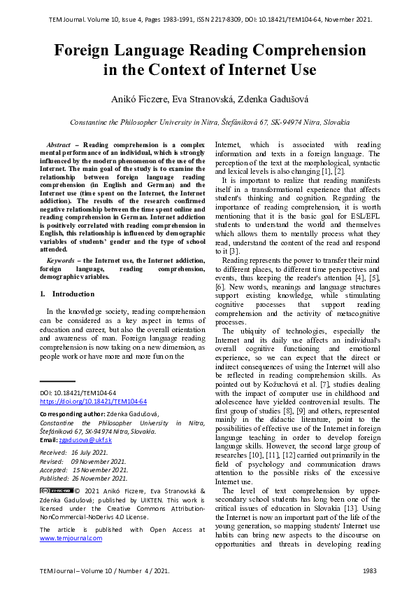(PDF) Foreign Language Reading Comprehension in the Context of Internet Use