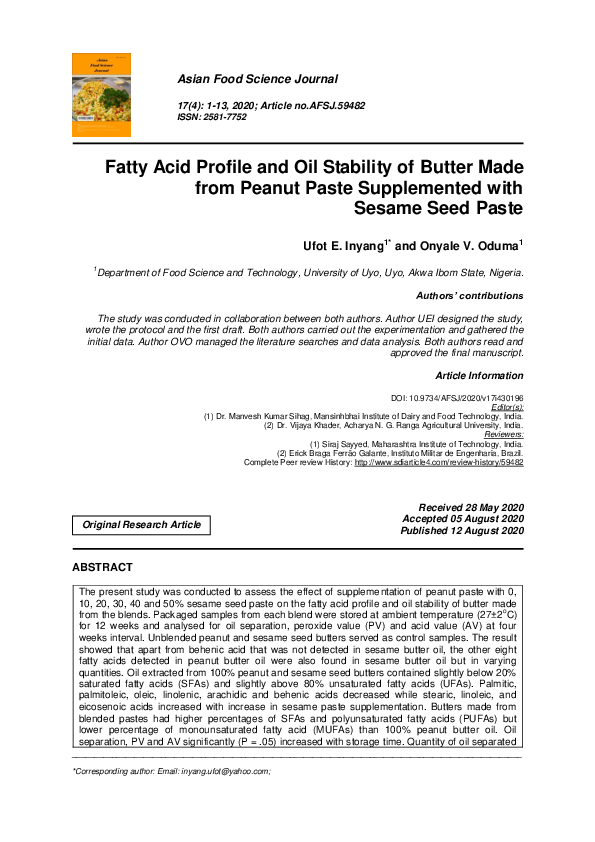 (PDF) Fatty Acid Profile and Oil Stability of Butter Made from Peanut ...