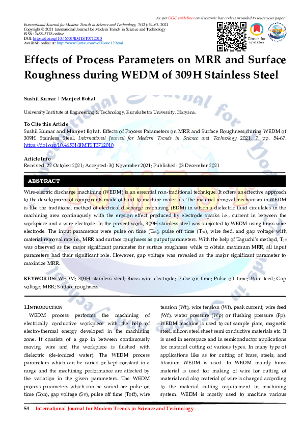(PDF) Effects of Process Parameters on MRR and Surface Roughness during ...