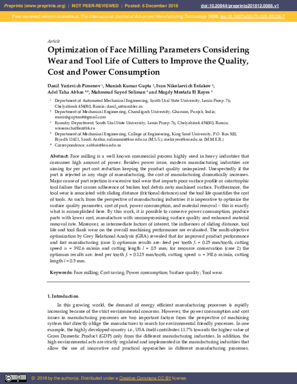 (PDF) Optimization of Face Milling Parameters Considering Wear and Tool ...