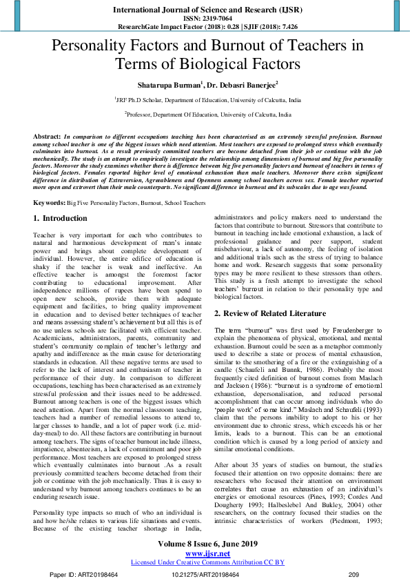 (PDF) Personality Factors and Burnout of Teachers in Terms of ...