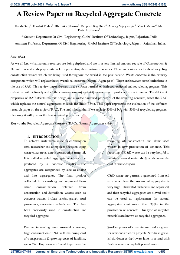 (PDF) A Review Paper on Recycled Aggregate Concrete