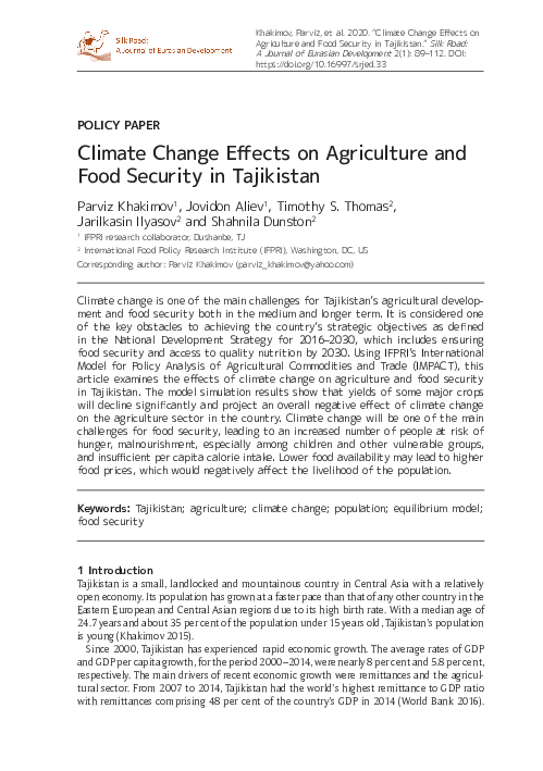 (PDF) Climate Change Effects on Agriculture and Food Security in Tajikistan