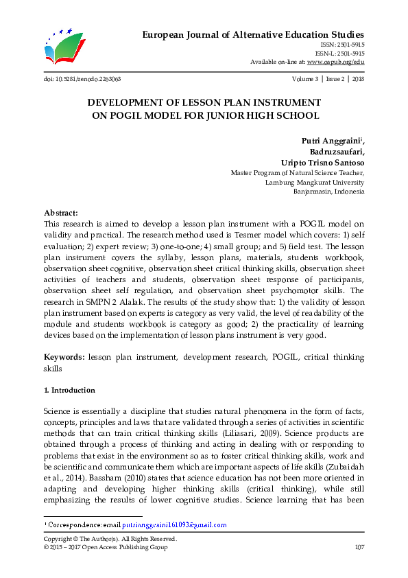 (PDF) Development of Lesson Plan Instrument on Pogil Model for Junior ...