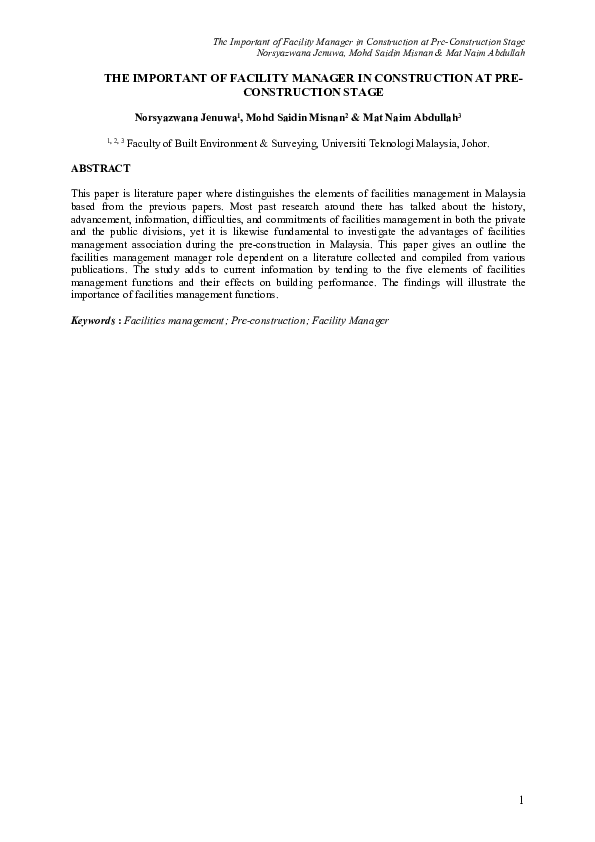 (PDF) The Important of Facility Manager in Construction at Pre ...