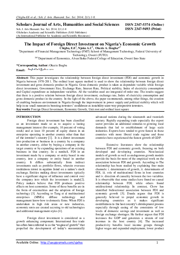 (PDF) The Impact of Foreign Direct Investment on Nigeria’s Economic Growth