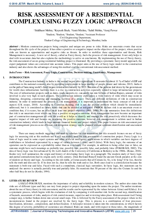 (PDF) Risk Assessment of a Residential Complex Using Fuzzy Logic Approach
