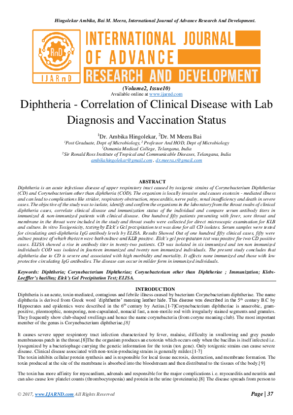 (PDF) Diphtheria – Correlation of Clinical Disease with Lab Diagnosis ...