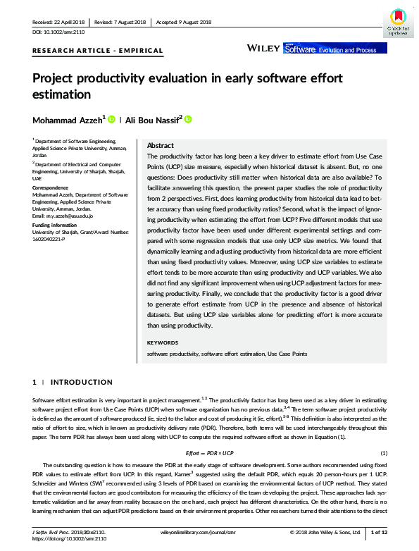(PDF) Project productivity evaluation in early software effort estimation