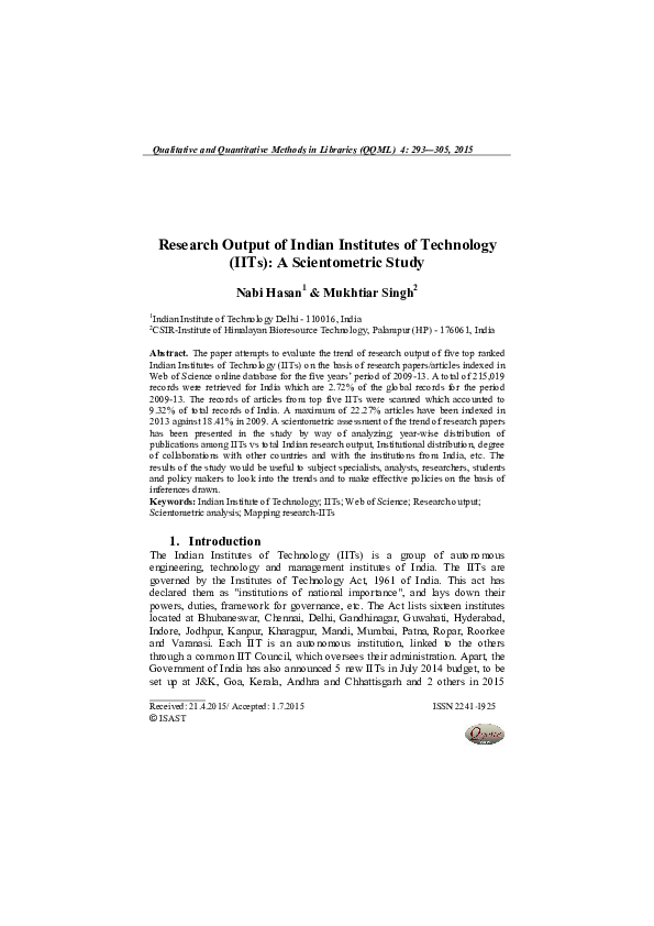 (PDF) Research Output of Indian Institutes of Technology (IITs): A ...