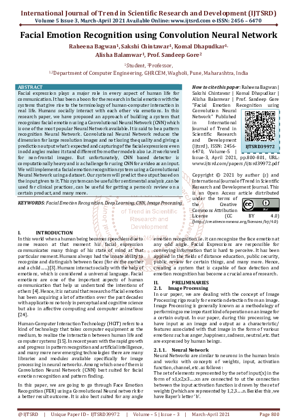 (PDF) Facial Emotion Recognition using Convolution Neural Network