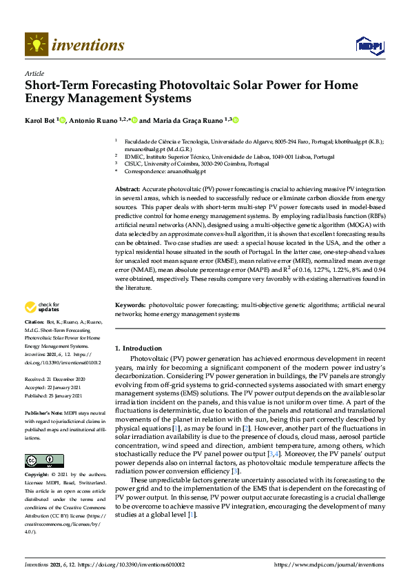 (PDF) Short-Term Forecasting Photovoltaic Solar Power for Home Energy ...