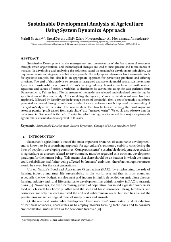 (PDF) Sustainable Development Analysis of Agriculture Using System ...