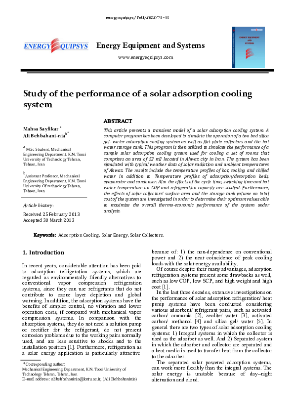 (PDF) Study of the Performance of a Solar Adsorption Cooling System