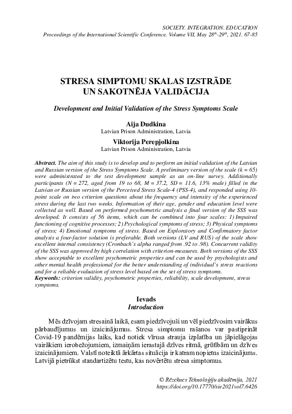 (PDF) Development and Initial Validation of the Stress Symptoms Scale