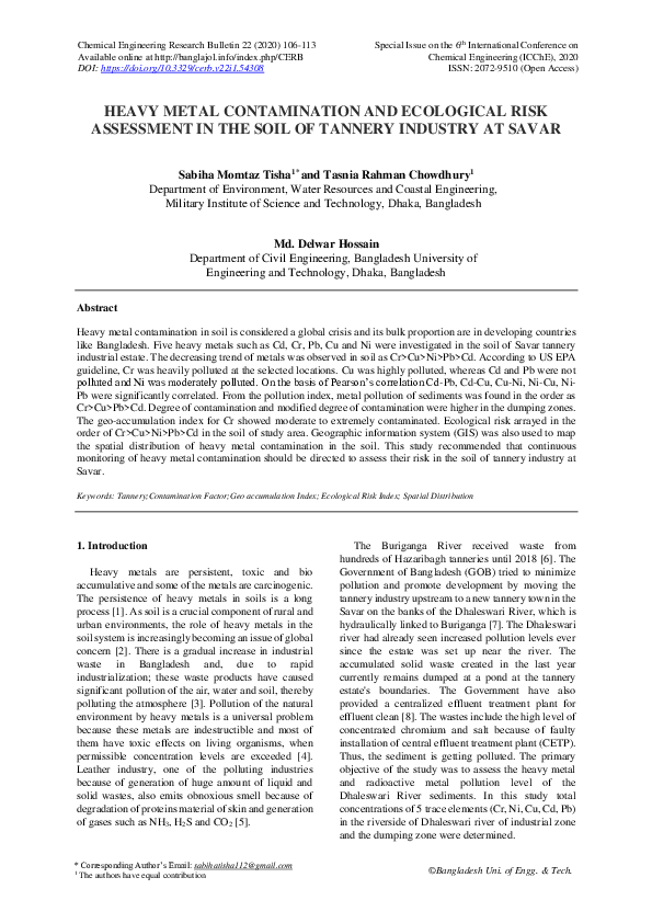 (PDF) Heavy Metal Contamination and Ecological Risk Assessment in the ...