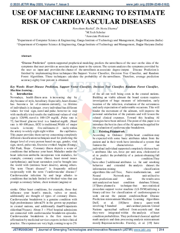 (PDF) Use of Machine Learning to Estimate Risk of Cardiovascular Diseases