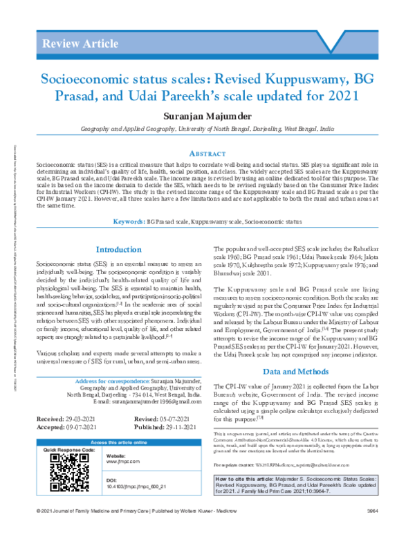 (PDF) Socioeconomic status scales Revised Kuppuswamy, BG Prasad, and