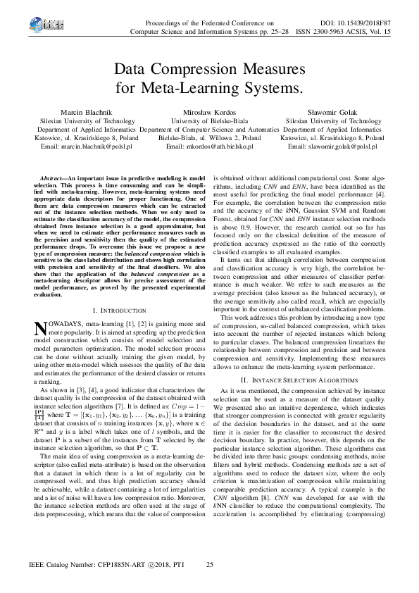 (PDF) Data Compression Measures for Meta-Learning Systems