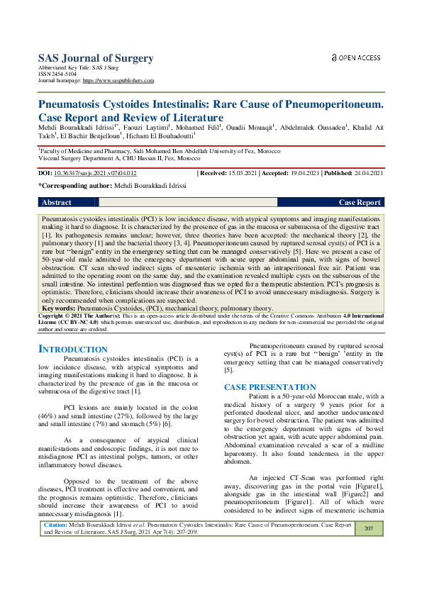 (PDF) Pneumatosis Cystoides Intestinalis Rare Cause of