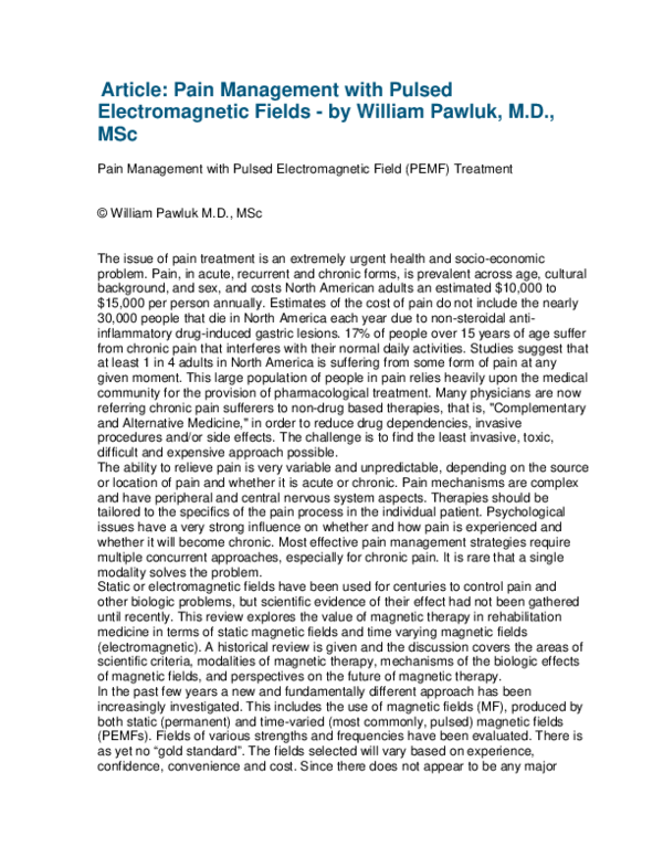 (PDF) Pain Management with Pulsed Electromagnetic Field ( Pemf ) Treatment