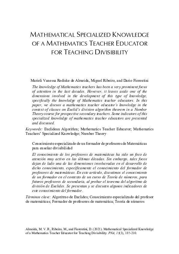 (PDF) Mathematical Specialized Knowledge of a Mathematics Teacher ...