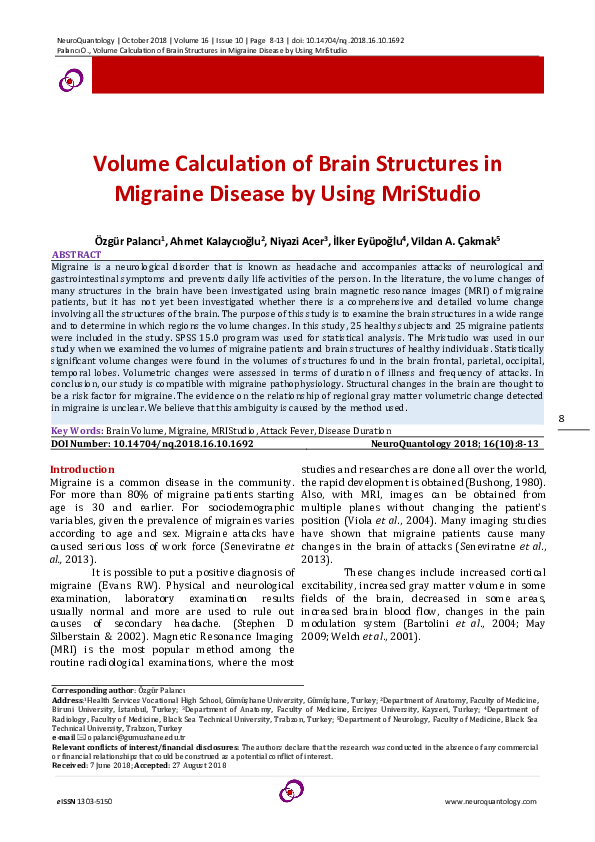 (PDF) Volume Calculation of Brain Structures in Migraine Disease by ...