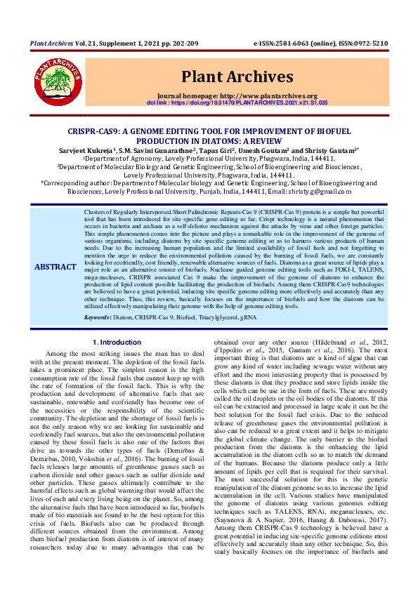 (PDF) CRISPR-CAS9: A Genome Editing Tool for Improvement of Biofuel ...