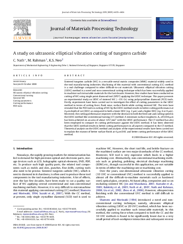 (PDF) A study on ultrasonic elliptical vibration cutting of tungsten ...