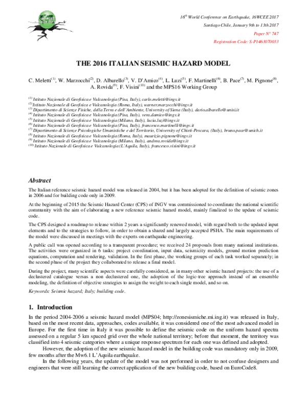 (PDF) The 2016 Italian seismic hazard model