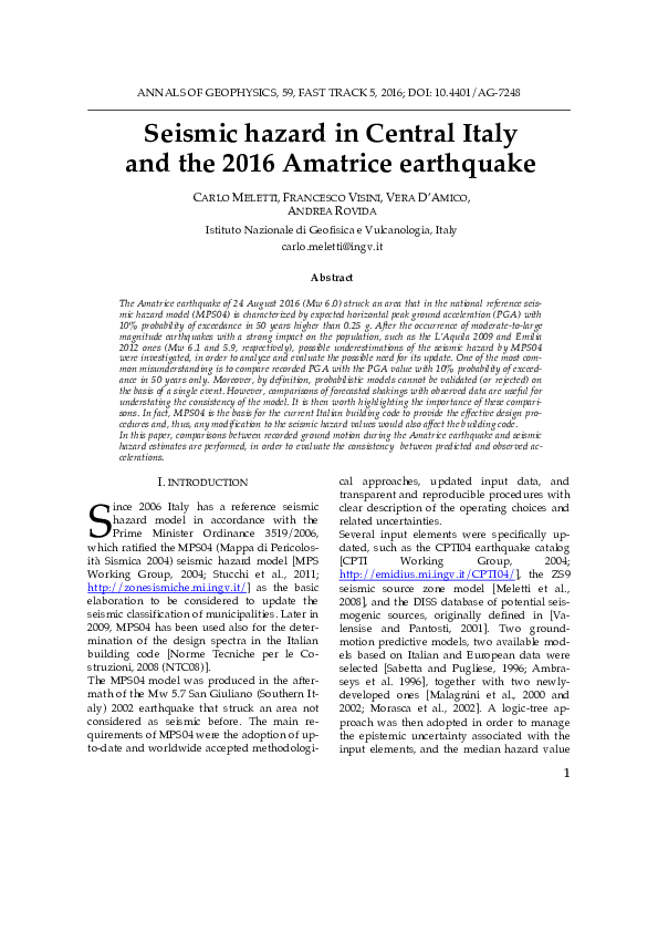 (PDF) Seismic hazard in Central Italy and the 2016 Amatrice earthquake