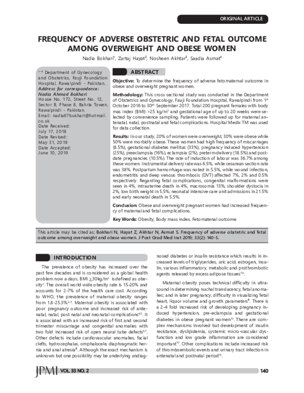(PDF) Frequency of Adverse Obstetric and Fetal Outcome Among Overweight ...