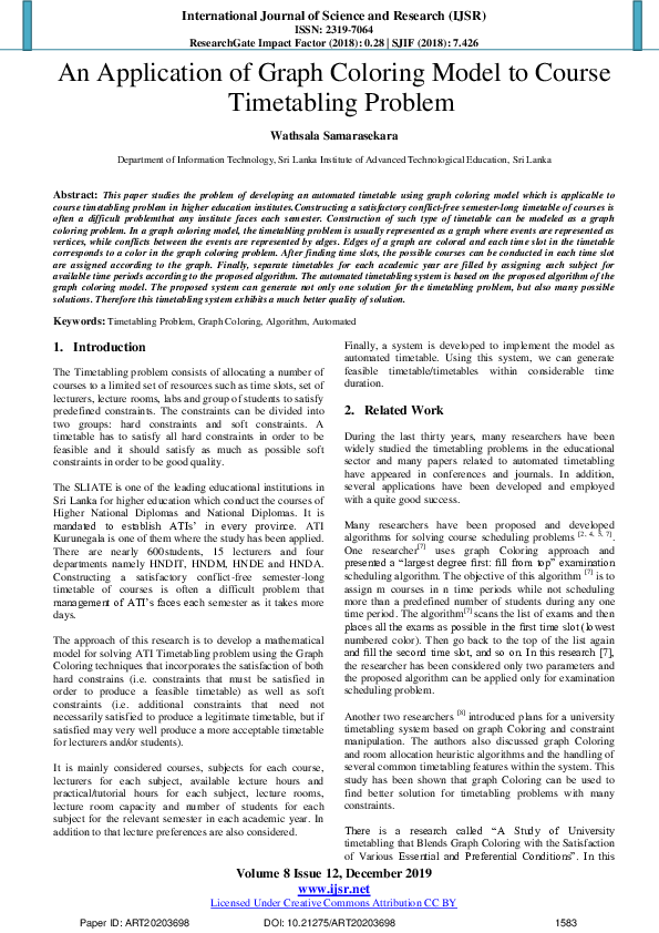  pdf an application of graph coloring model to course timetabling problem