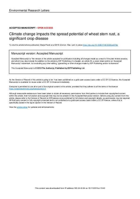 (PDF) Climate change impacts the spread potential of wheat stem rust, a ...
