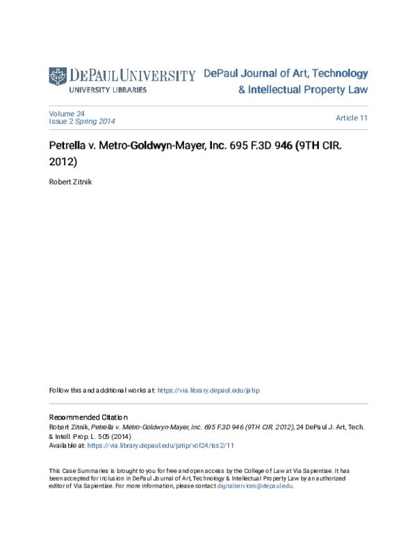 (PDF) Petrella v. Metro-Goldwyn-Mayer, Inc. 695 F.3D 946 (9TH CIR. 2012