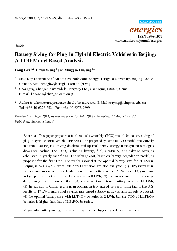 (PDF) Battery Sizing for Plug-in Hybrid Electric Vehicles in Beijing: A ...